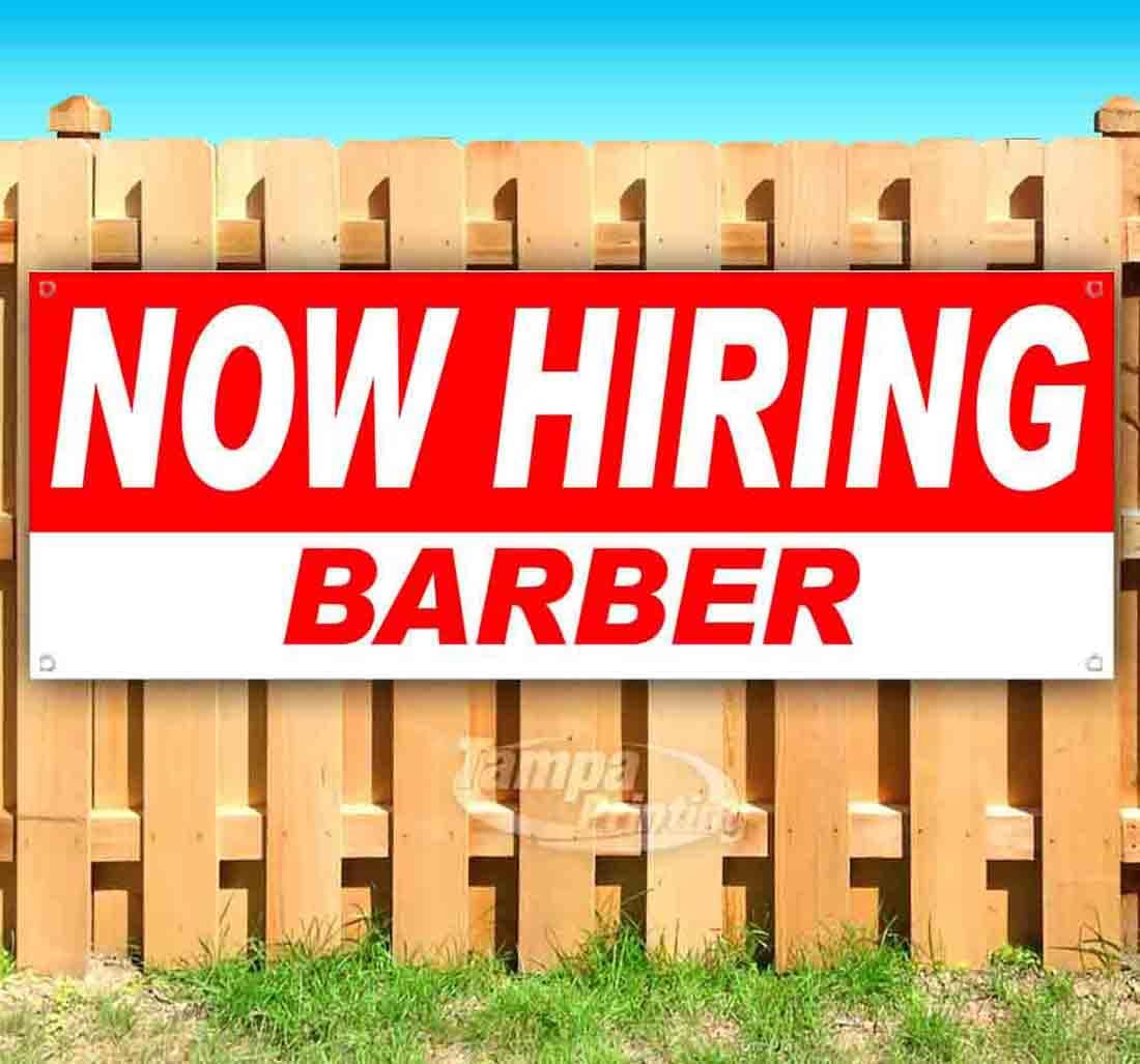 Now Hiring Barber Banner 13 oz | Non-Fabric | Heavy-Duty Vinyl Single-Sided with Metal Grommets