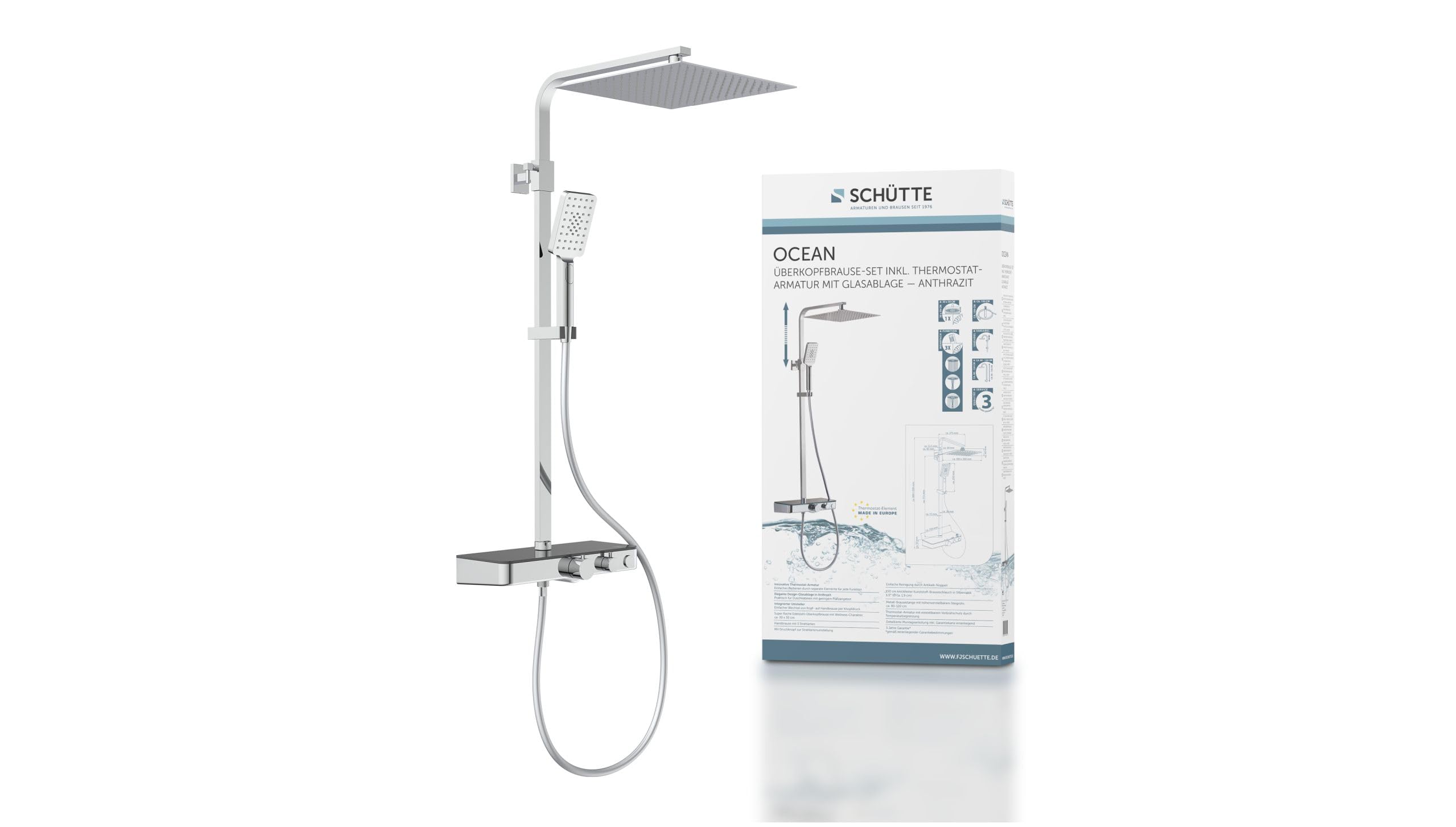 Schütte Sistema termostato e ripiano in Vetro – Set 30 x 30 cm, Pioggia con Supporto a Parete e soffione – Pannello Colonna Doccia in Cromo 60531, Cromato/Antracite, 350 x 1200 x 520 mm