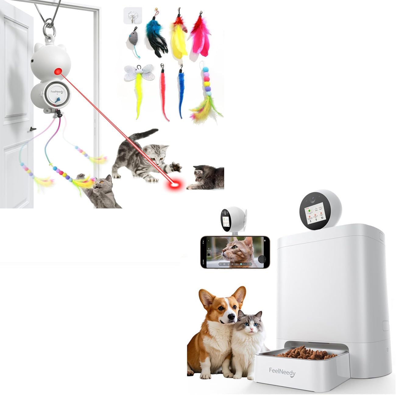 FEELNEEDY Automatic Pet Feeder with Adjustable Camera and Laser Interactive Cat Toys
