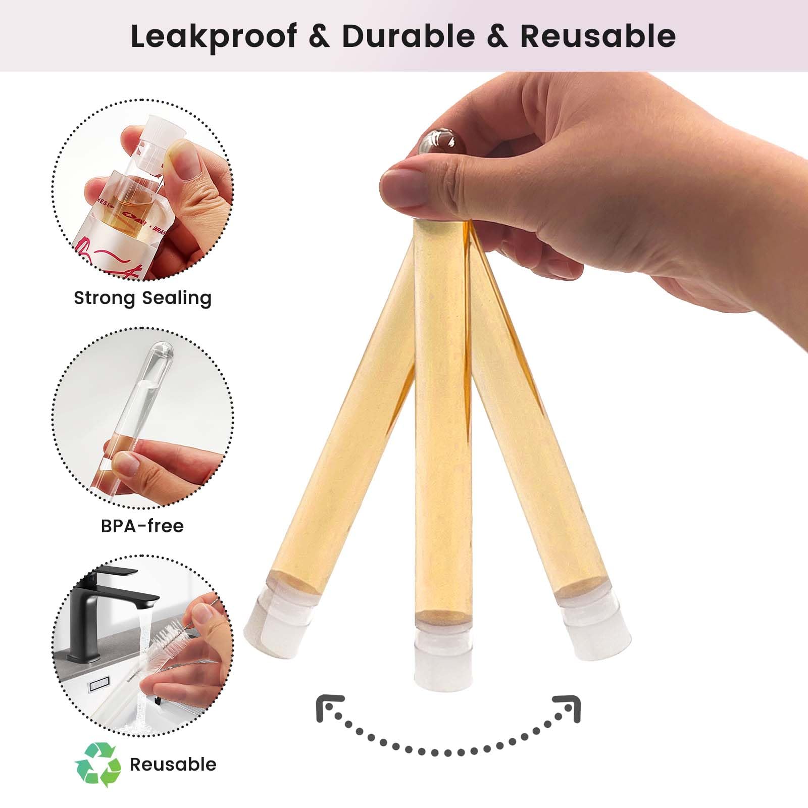 Daily Treasures Lot de 65 flacons d'alcool discrets de style tampon, 20 flacons réutilisables (15 ml) et 40 emballages de tampons, 1 égouttoir à 6 emplacements, un étui transparent et 2 entonnoirs