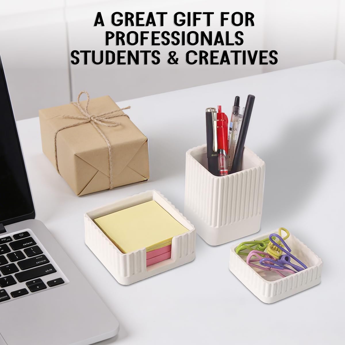 Desk Organizer Set of 3 for Office Accessories - Includes Pen Holder, Paperclip Storage, and Sticky Note Holder - Aesthetic Concrete Desktop Accessories for Women or Men, Office Decor (White)