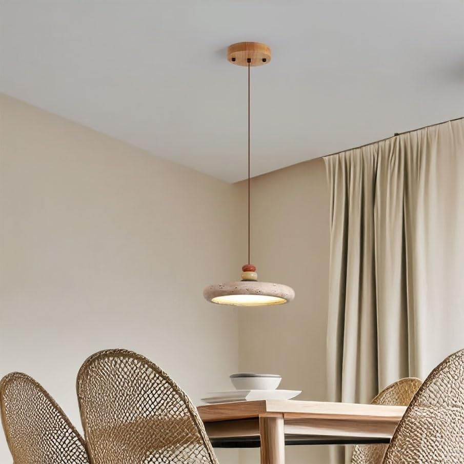 Modern Nordic Travertine Stone Disc Pendant Light, 3-Color Dimming Natural Wood & Colorful Beads Hanging Lamp, Height Adjustable Lighting Fixture, for Dining Room Kitchen Island Bedroom