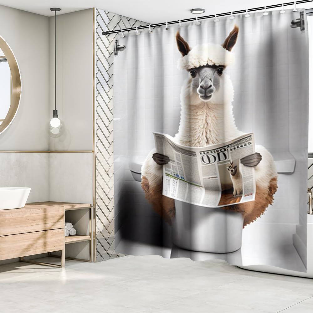 Fchen art Funny Sheep Sitting on Toilet Reading Newspaper Rustic Farmhouse Shower Curtain,Funny Animal On Toilet Bathroom Curtain Bathroom Accessory Quirky Teen Shower Curtain 180x180cm