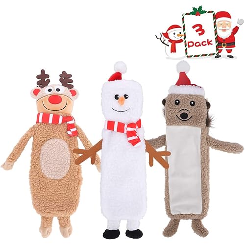 SCENEREAL Stuffless Christmas Squeaky Dog Toys for Small Medium Large Dogs, Plush Tough Pet Chew Toy, Durable No Stuffed Puppy Teething Toys for Boredom and Stimulating (Elk & Hedgehog & Snowman)
