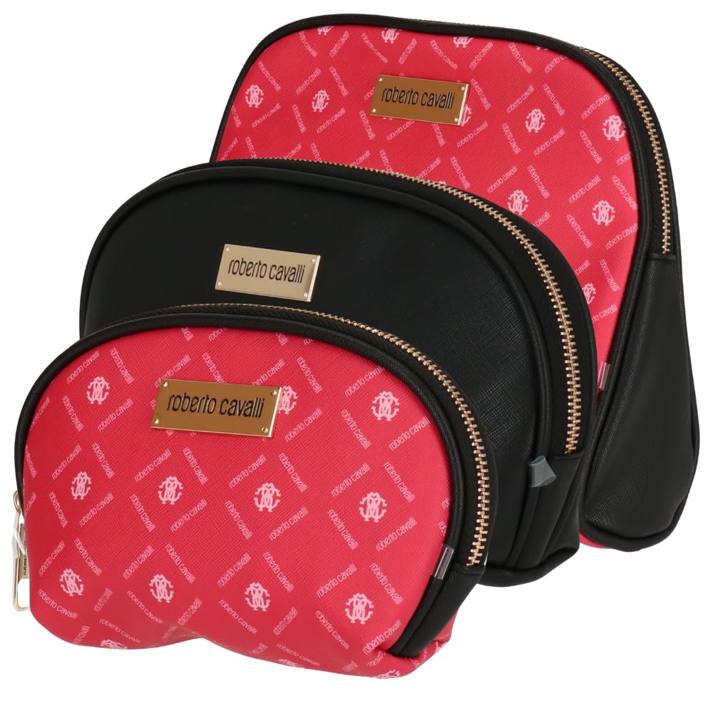 ROBERTO CAVALLIPU Leather 3 Piece Makeup Bag Set, Travel Toiletry Bag, Cosmetic Bag Gift Set for Women -Raspberry