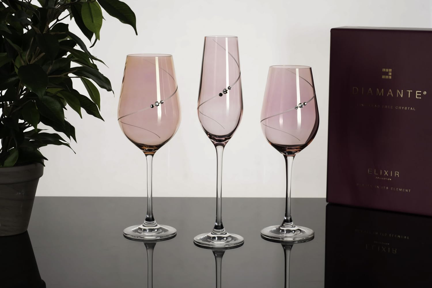 DIAMANTE Champagnerflöten Set – 4 Stück, Handgeschliffen, Mit Swarovski-Kristallen (versch. Farben)