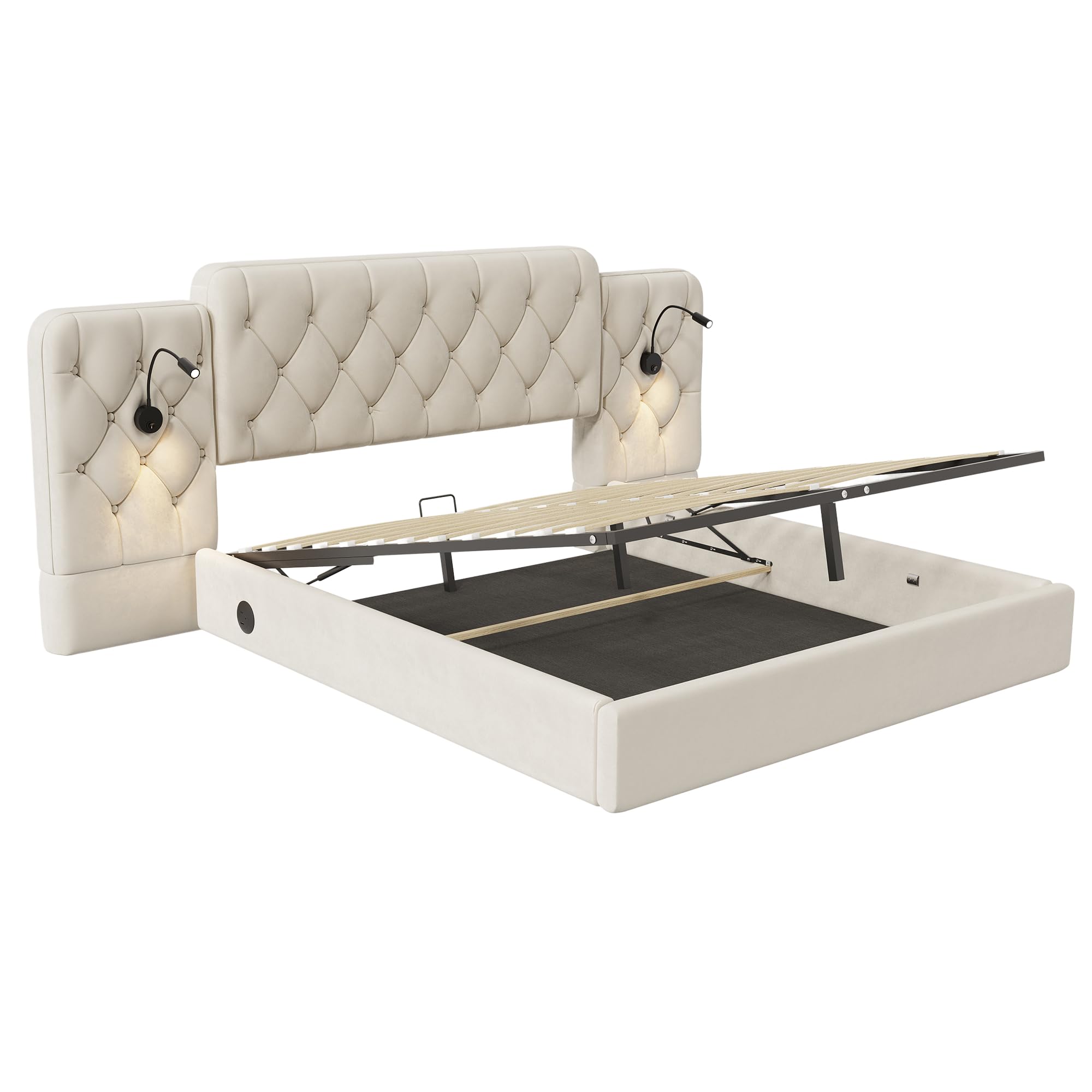 Estructura de cama con cabecero largo, 160 x 200 cm, material de terciopelo moderno, varios puertos USB, lámpara de escritorio, sistema hidráulico, espacio de almacenamiento extra grande, color