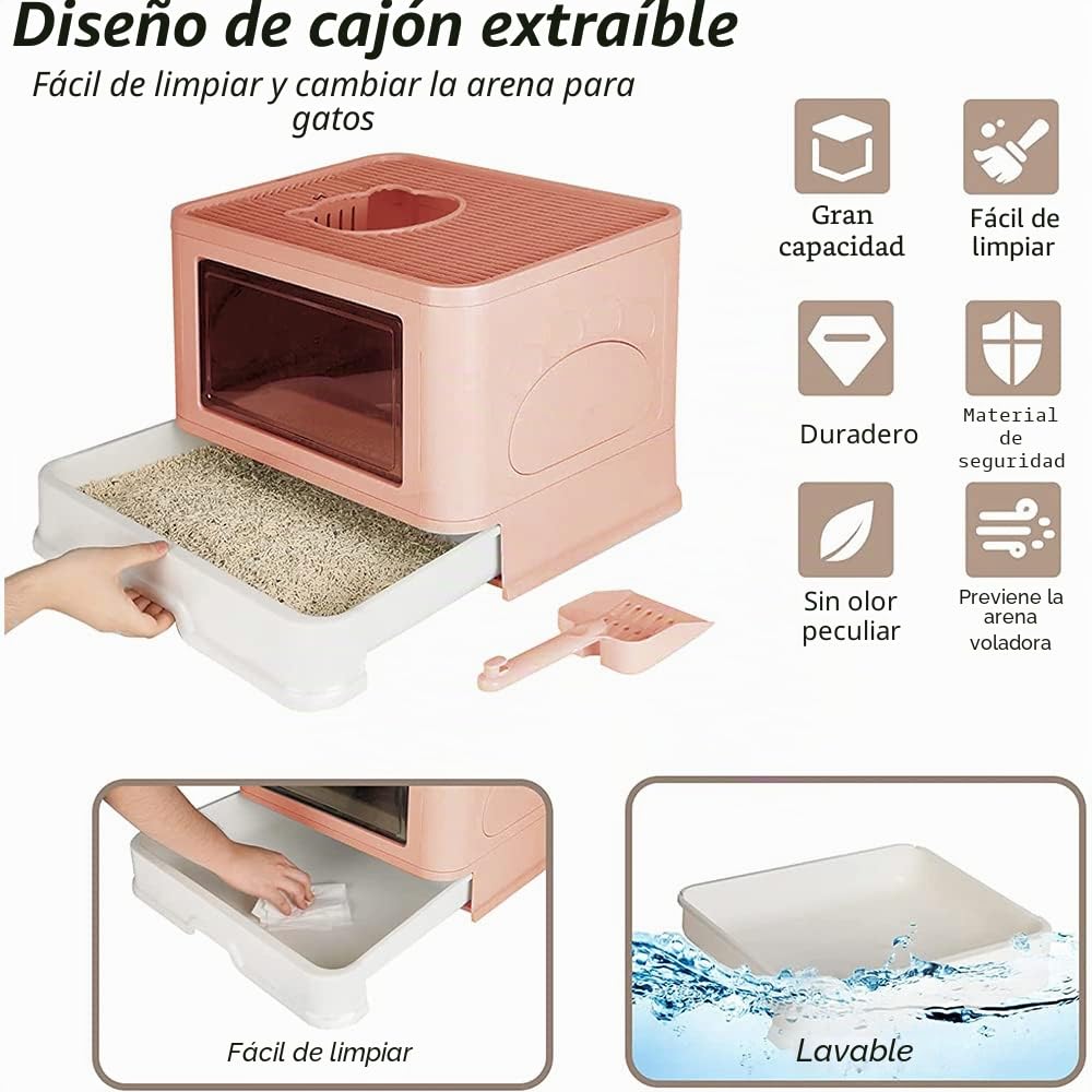 Arenero Gatos Cubierto con Cajon,Arenero para Gatos Grande XXL Cerrado Caja de Arena Plegable Cagadero Gato sin Olores con Cepillo de Masajeador Pala y Filtro48,5 * 36,5 * 38 cm - Rosa