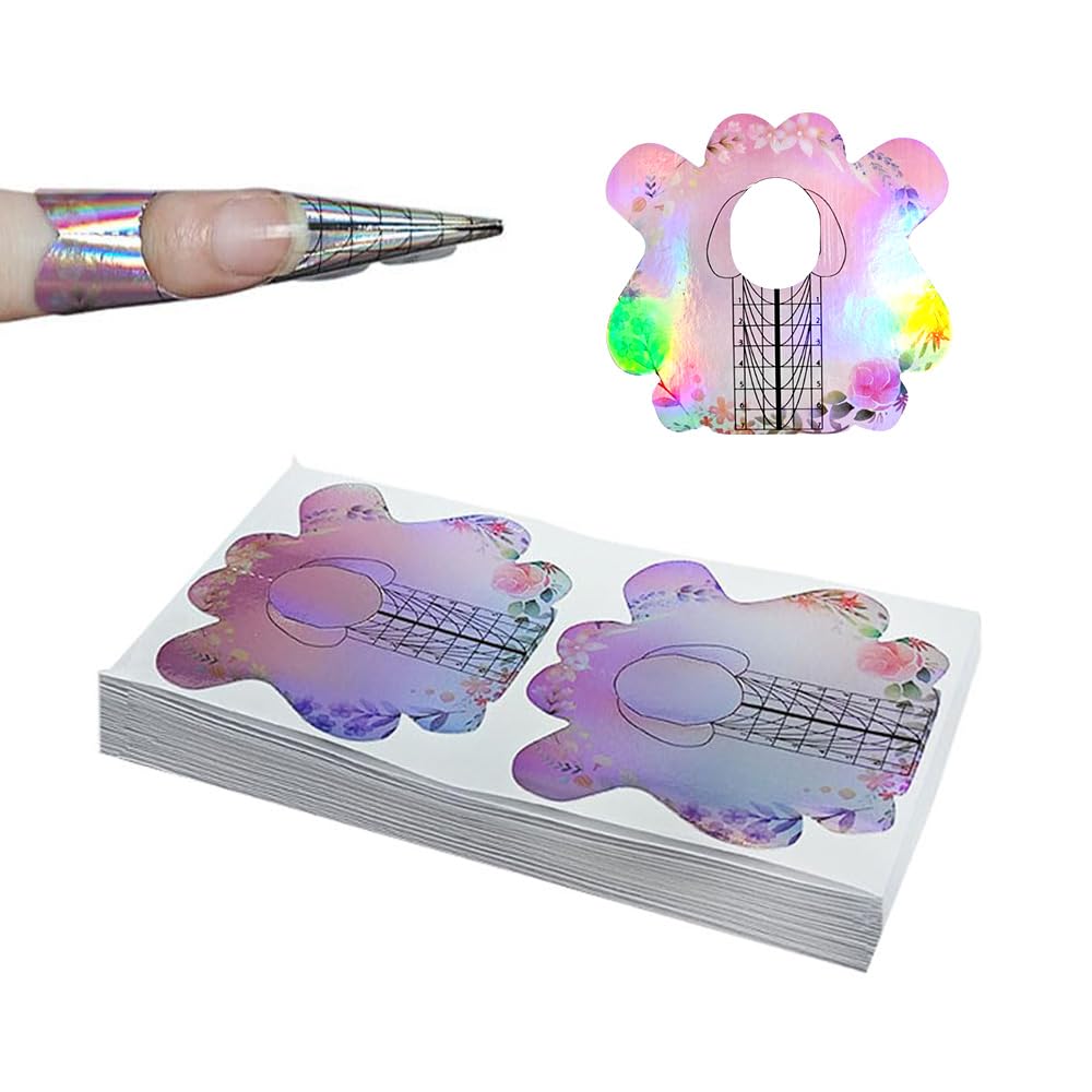 BeautyLeader 100PCS Nail Form Laser Pink Acrylic Nail Extension Sticker, Poly Gel Sticker,Nail Extension Forms,Self-Adhesive Nail Tips Guide Stencil