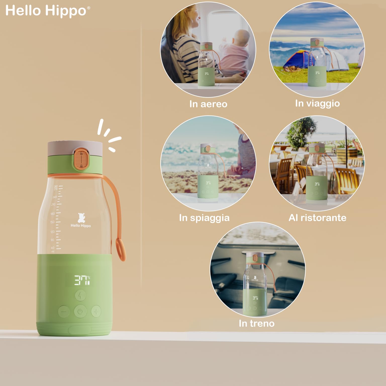 HELLO HIPPO® Premium Scaldabibero portatile, USB, 300 ml - senza fili, batteria - ideale per i viaggi - Riscalda latte/acqua - Graduazione /30ml - Temperatura regolabile 37 a 50°C + mantiene