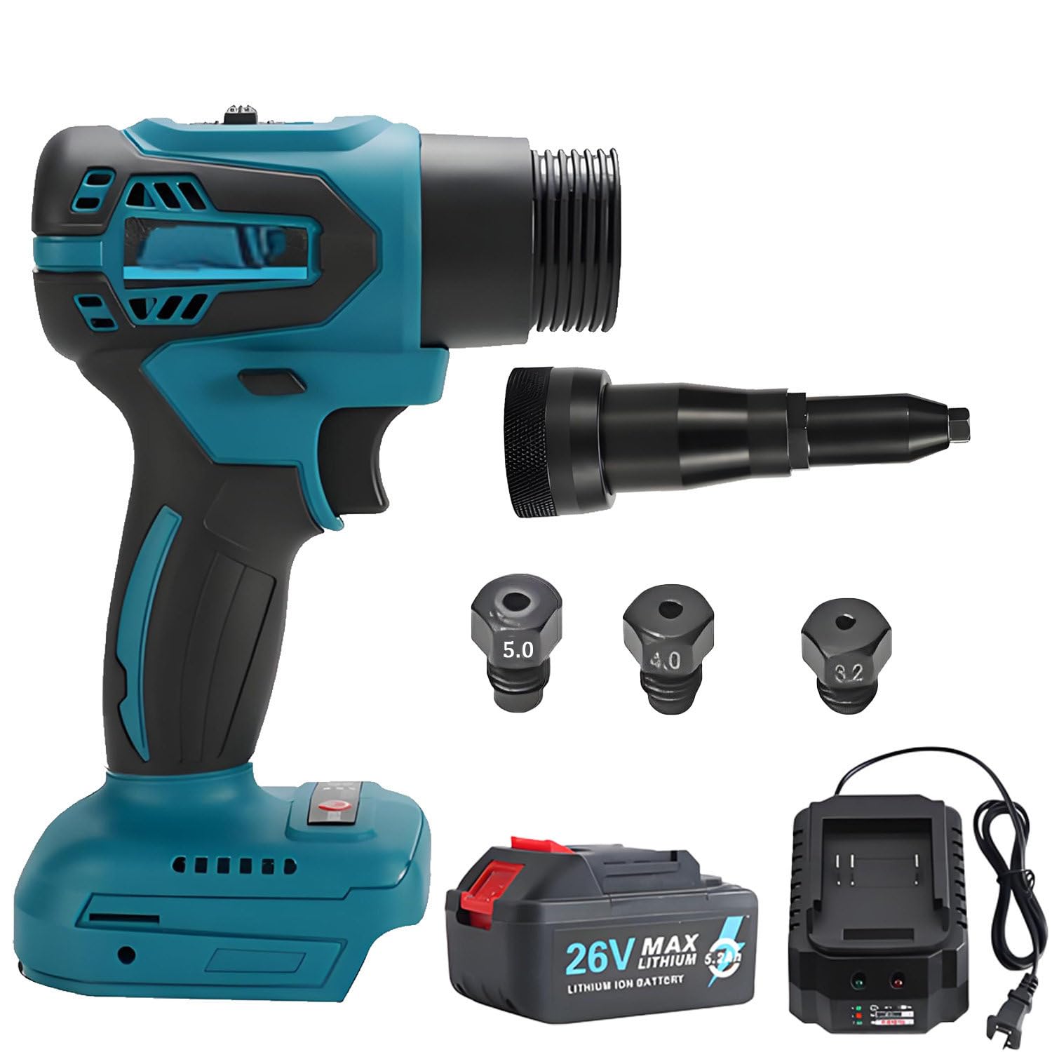 CelyToe Multi-Size Interchangeable Nozzle Rivet Tool,Cordless Riveting Gun completeset