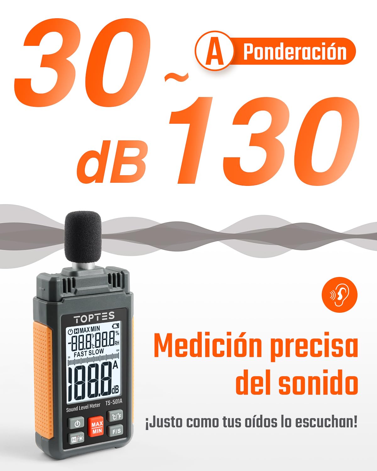 Sonometro, Medidor de decibelios TopTes TS-501A retroiluminación LCD de 2,25 pulgadas, ponderado para A, rango de 30 a 130 dB, vecino ruidoso, valor máximo/mínimo, fábrica - naranja