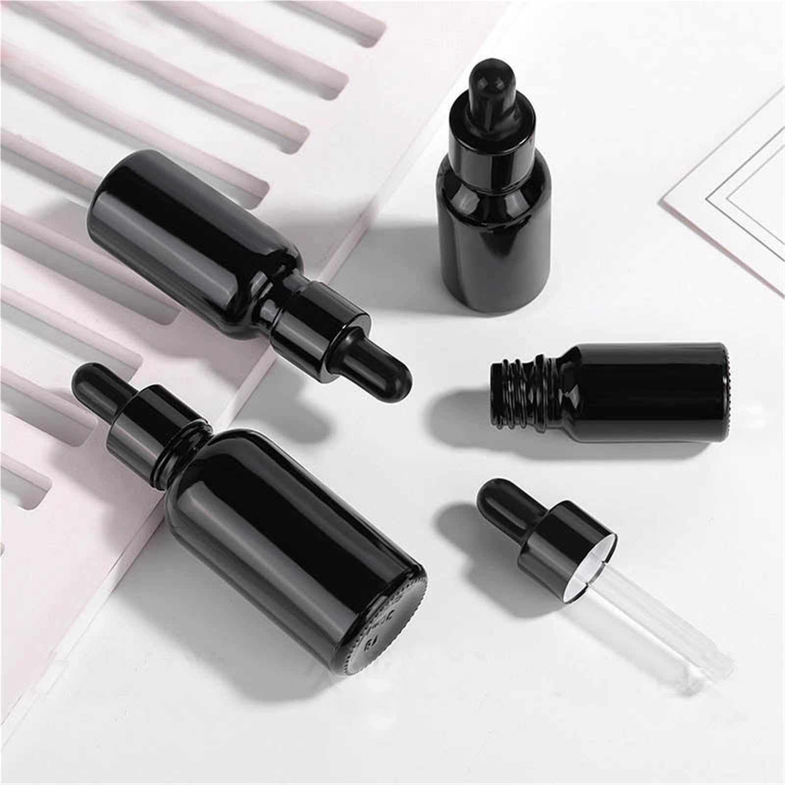 Gotero Botellas cuentagotas de vidrio negro esmerilado, botella pipeta con gotero vacía brillante for suero aceite Perfume esencial(Bright Black,10PCS_100ML)
