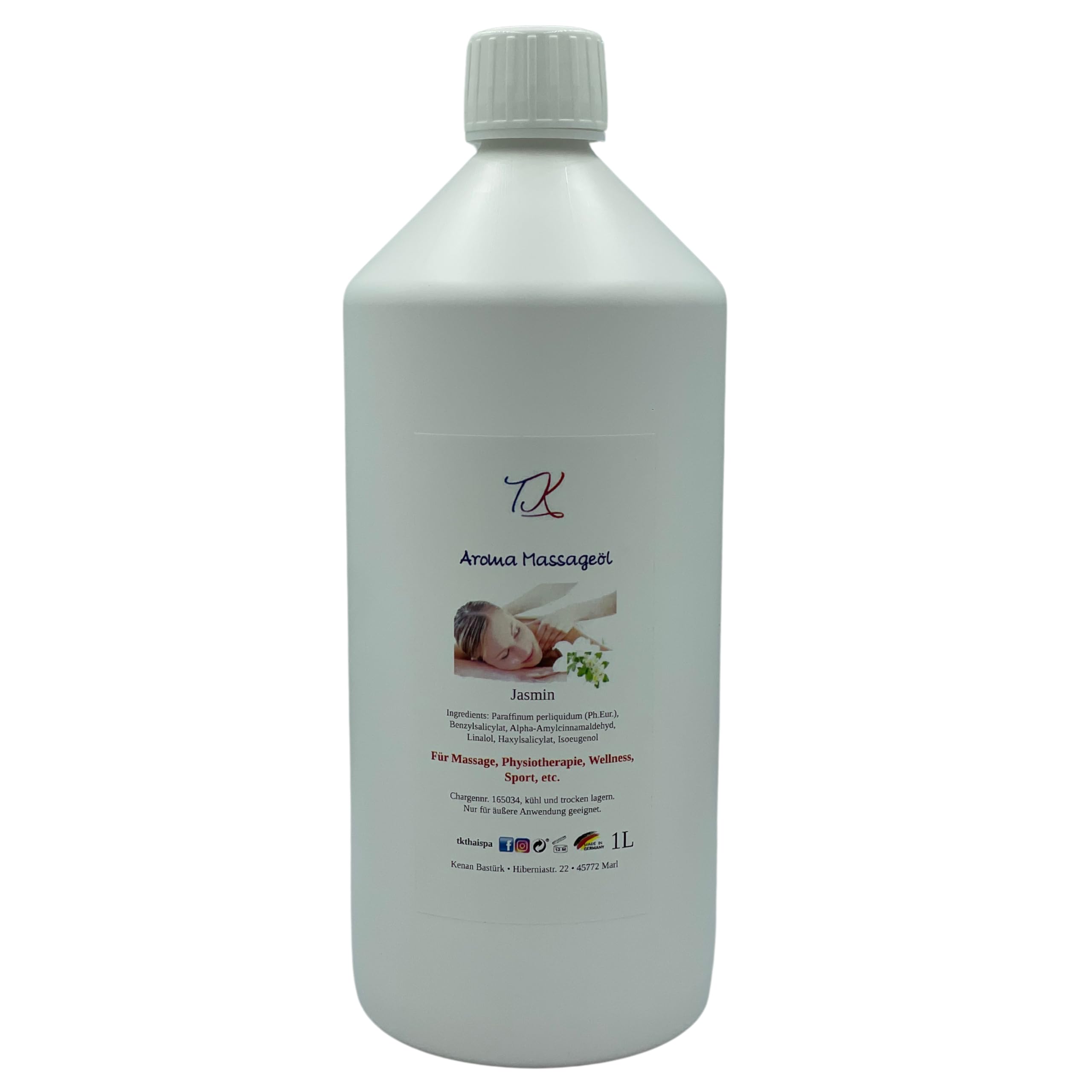 Lot de 9 huiles de massage aromatiques (2 x 500 ml) pour massage, physiothérapie, bien-être, sport, etc. Qualité pharmaceutique (1000 ml, jasmin et citron)