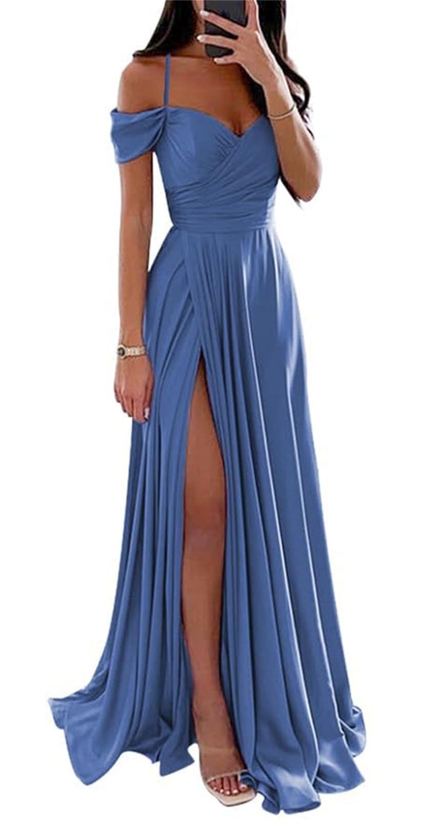 Yiann Women's Dusty Blue Prom Dresses 2024 With Slit For Teens A Line Pleated Satin Bridesmaid Dreses For With Slit Uk8