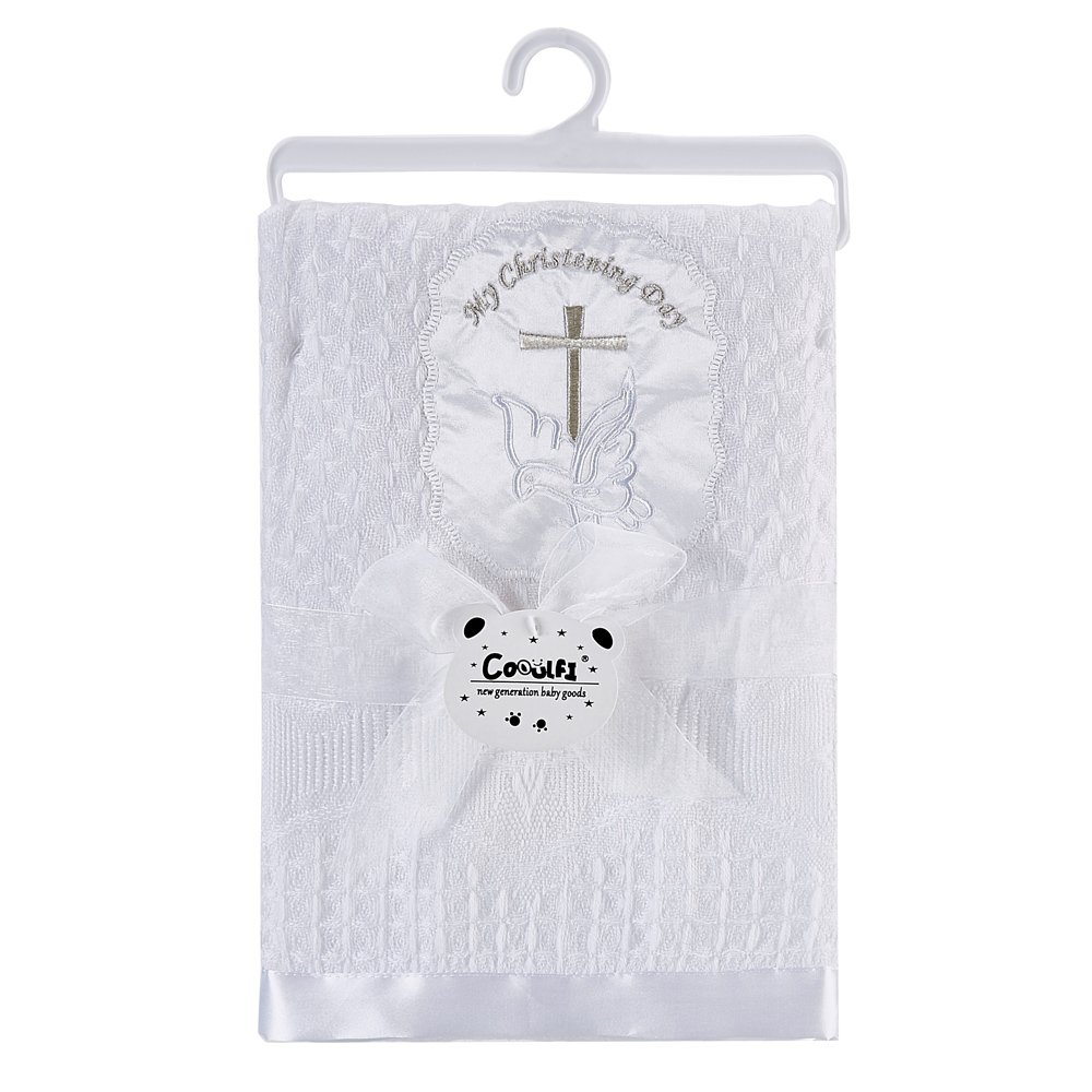 Booulfi Baby Blankets Neutral Cross Embroidered Blankets for Boys Girls White Newborn Baby Baptism Christening Blanket,Satin Border Nursing Shawl Cover Size 36x50