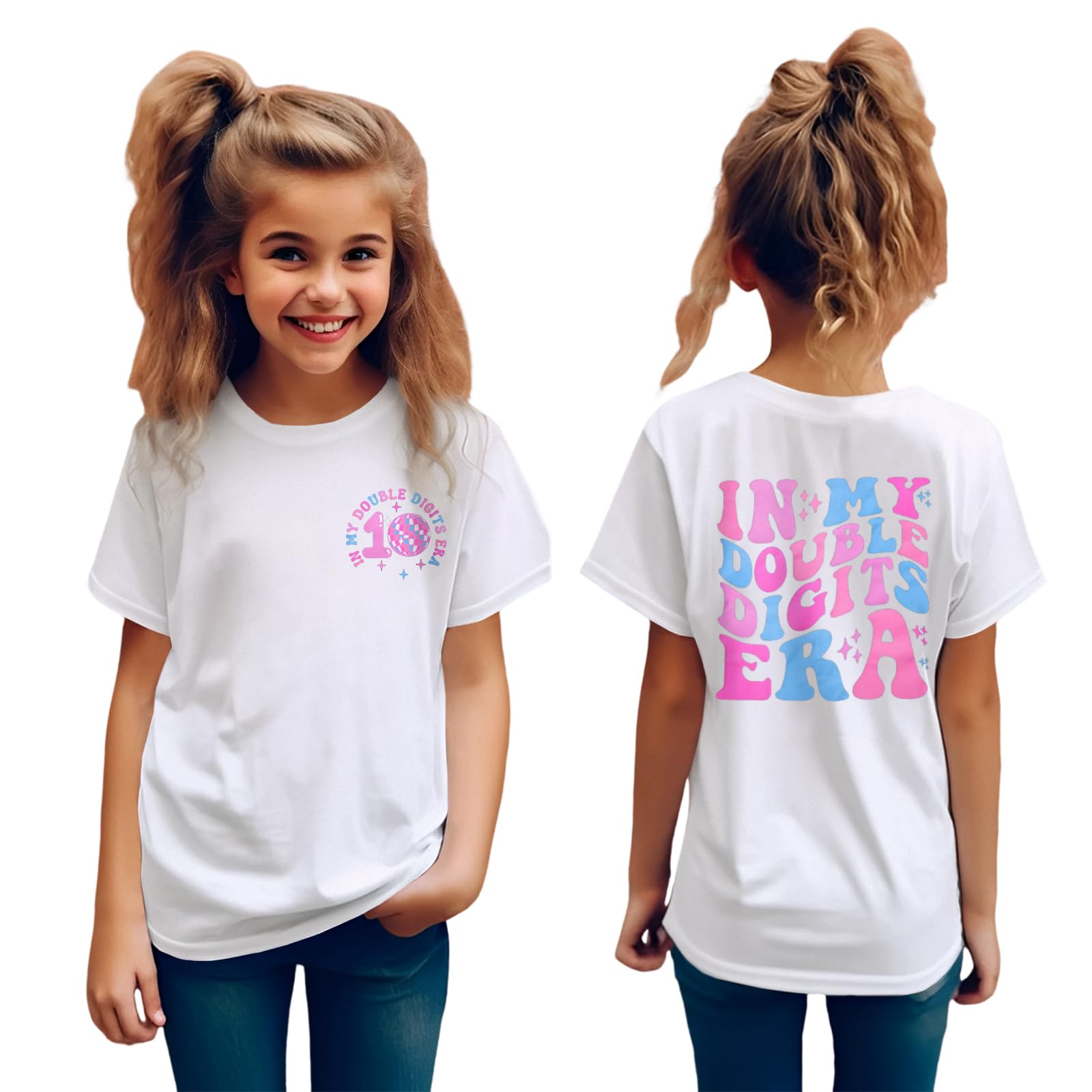 GLIGLITTRin My Double Digits Era Birthday Girl Shirt 10 Year Old 10th Birthday Girls T-Shirt Girls Ten B-Day Party Tee Tops