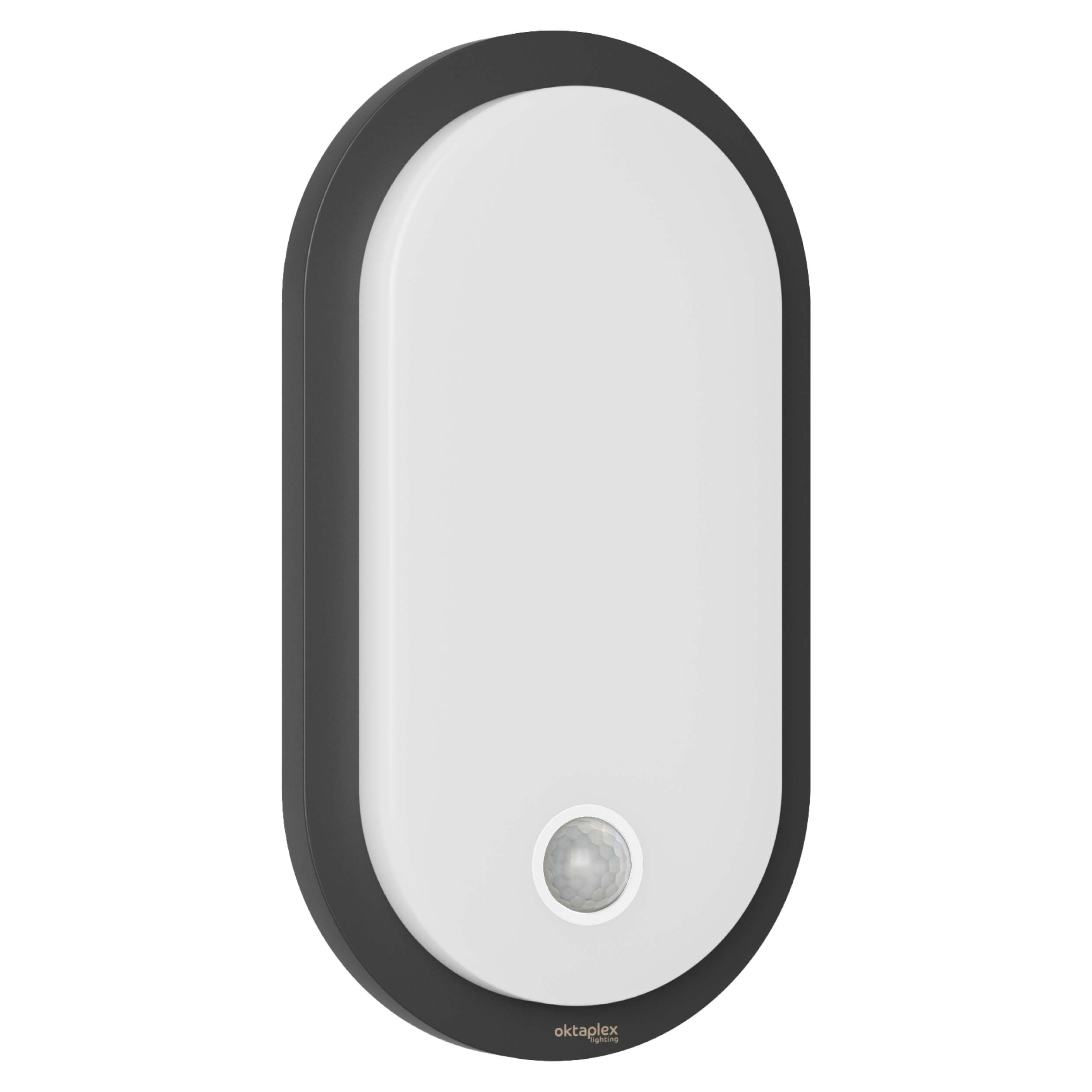 Oktaplex Plato Außenlampe mit Bewegungsmelder und Dauerlicht Schalter 3000K warmweiß 1010lm IP65 LED Wandleuchte Oval anthrazit 10,5W 230V