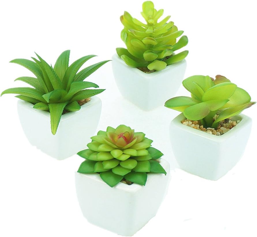 Set of 4 Modern White Ceramic Mini Potted Artificial Succulent Plants With Pots Pebble Sand Home Garden Decor