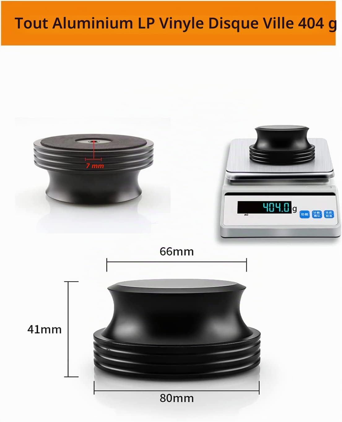 Stabilisateur en vinyle noir - Poids : 404 G - Diamètre : jusqu'à 7 mm - En aluminium - Pour platine vinyle Lp