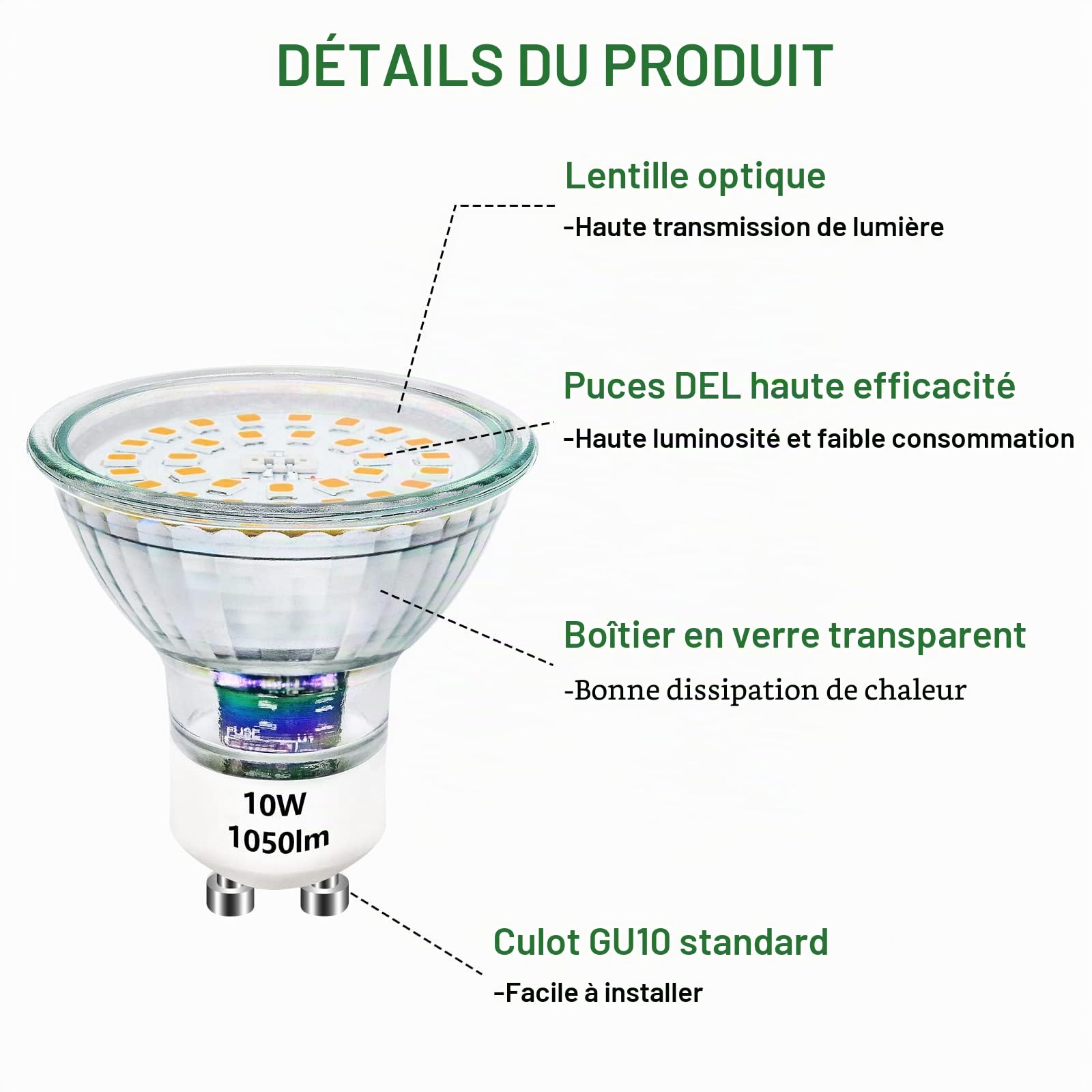 GU10 LED Blanc Chaud 10W Ampoules à Intensité Variable Remplace 100W Ampoules Halogènes Lumineux 1050LM 3000K Spot LED 230V Sans Scintillement, 10 pièces