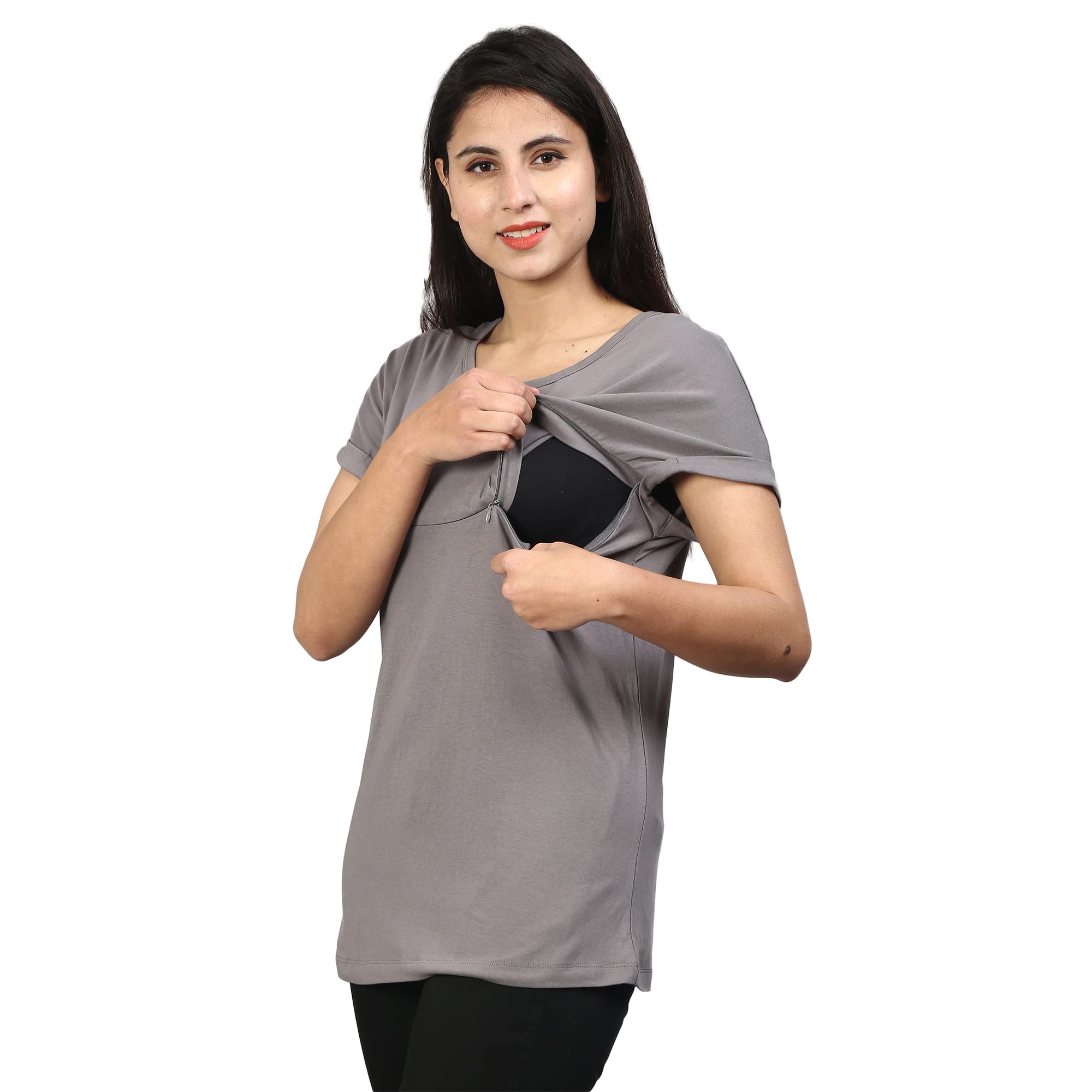 Sillyboom Premium Cotton Solid Women's Pregnancy Maternity Feeding T-Shirt, Nursing Top Tee Round Neck Half Sleeves T-Shirt for Pregnant Women (Steel Grey, XL) 3
