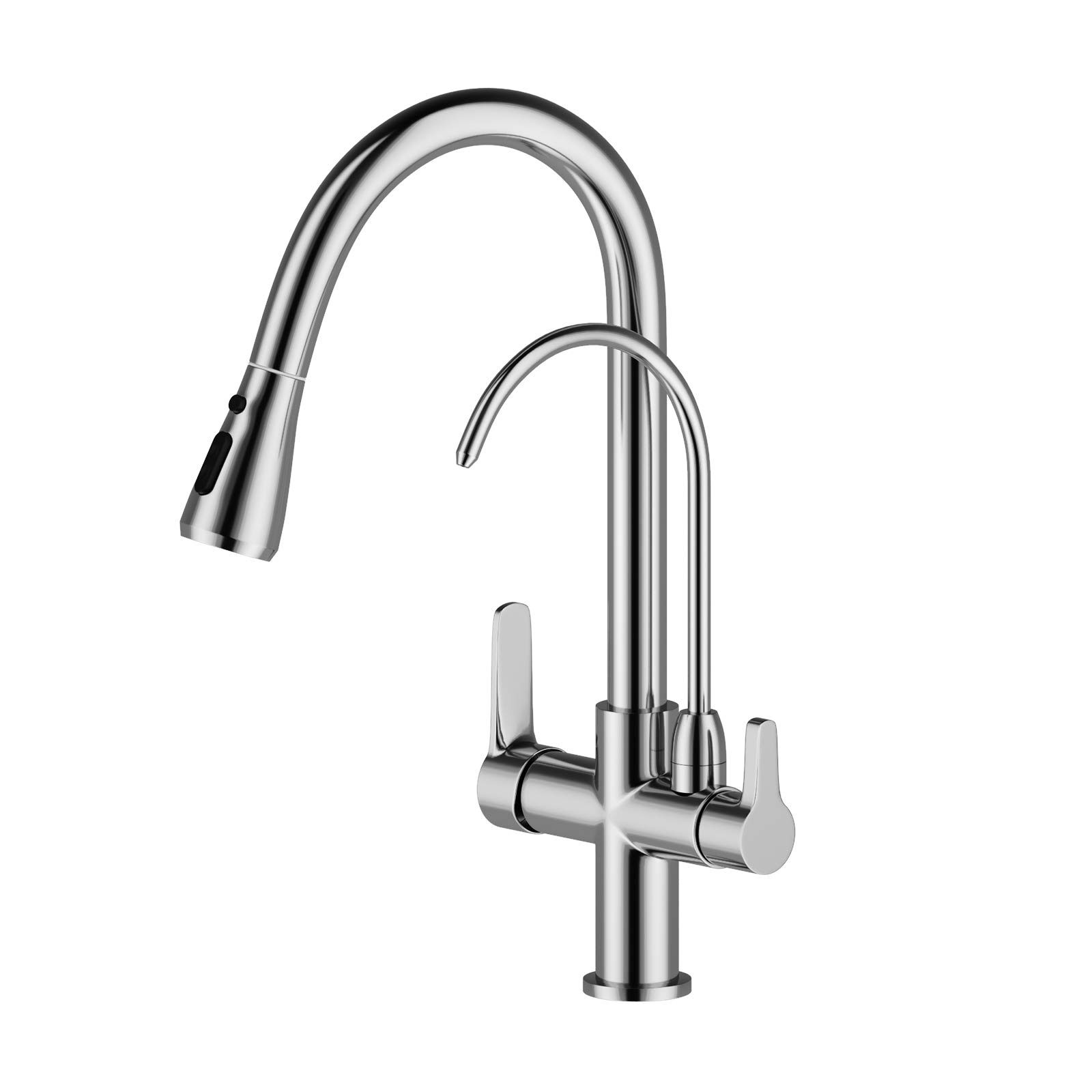Grifo de cocina cromado con filtro de agua pura, grifo de cocina de latón de 3 vías giratorio, para tirar hacia abajo, doble manilla, grifo mezclador caliente y frío