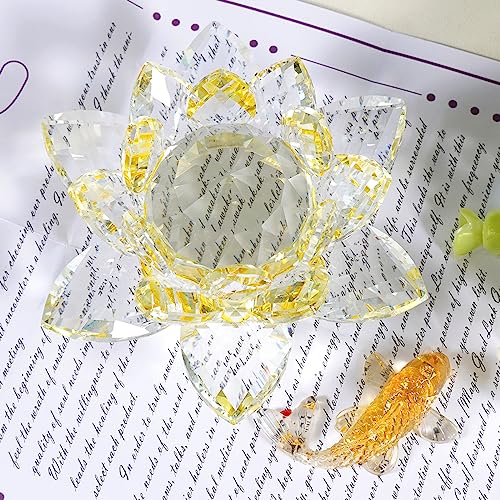 Soulnioi Yellow Crystal Lotus Flower Ornaments Tealight Candle Holder and Citrine Crystal Crushed Stones Koi Fish Ornaments for Home Office Desk Car Decoration Gift for Friends - Image 2