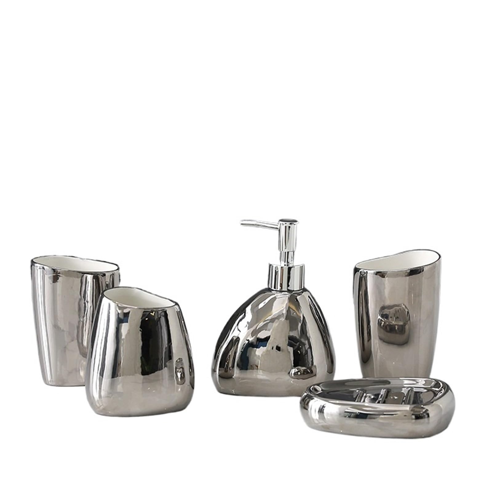 Soap Dispenser Complete Ceramic Bathroom Accessories Set With Soap Dispenser Tumbler Toothbrush Holder And Dish Organizer(Sliver 5Pcs)