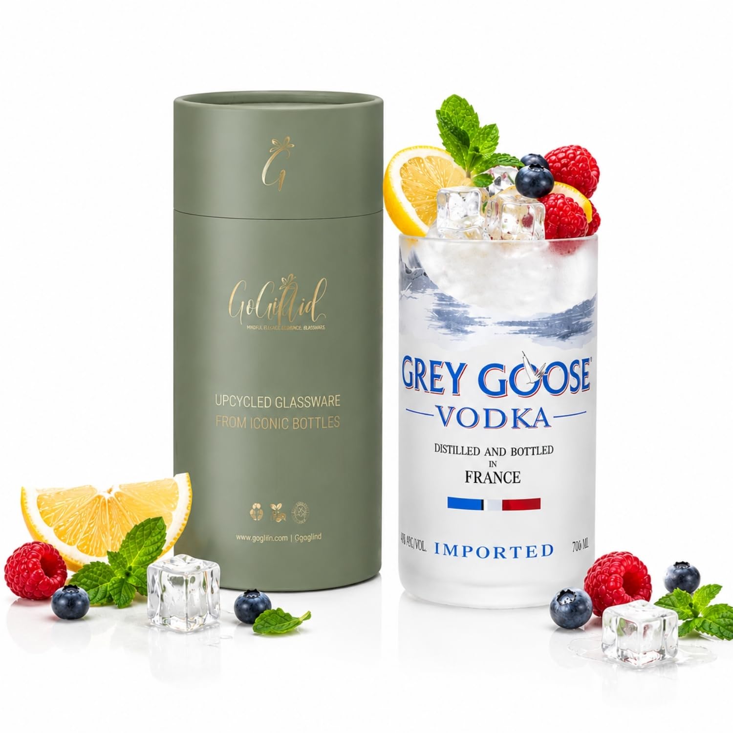 GoGiftid Upcycled Grey Goose Vodka Bottle Glass with Gift Box – 300ml Recycled Tumbler – Eco-Friendly Barware for Spirits, Cocktails & Juice – Pack of 1 — image 1