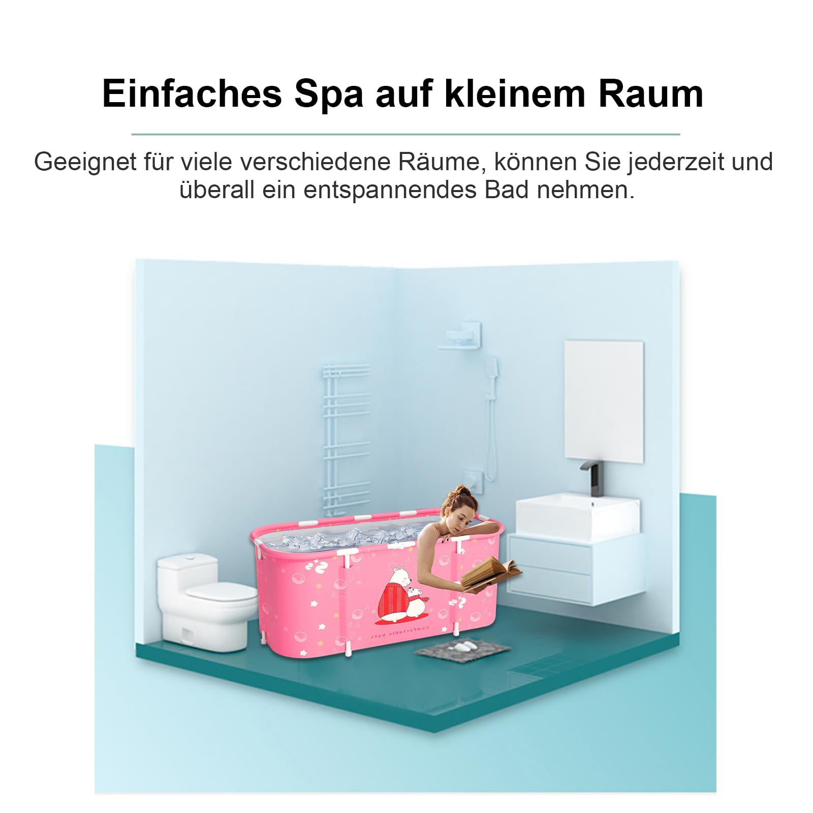 Badewanne Zusammenklappbare Badewanne Ideale Familienbadewanne Gartenpool für Kinder Leicht zu montierender Toilettengurt Geeignet für Erwachsene und Kinder 115x60x50cm (LxBxH) (Rosa Bär)