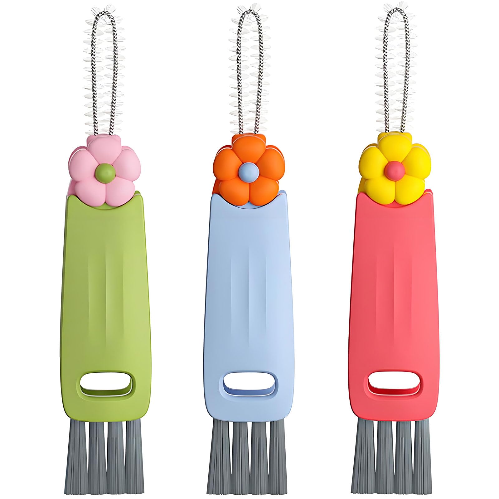 3 Pcs 3-in-1 Cup Lid Cleaning Brush, Multifunctional Bottle Brush, Cup Lid Crevice Cleaner, Portable Tiny Detail Brushes for Home Kitchen Water Bottle Cleaning (Green, Pink, Blue)