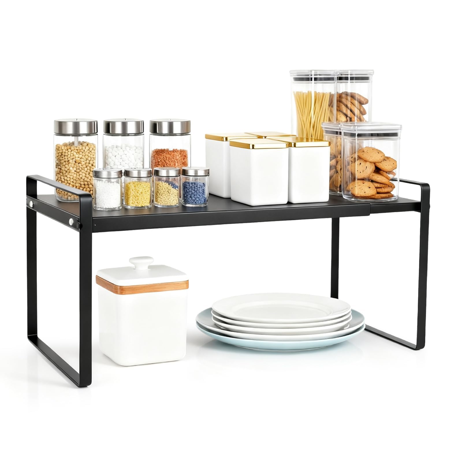 WOPPLXY Erweiterbarer Küchenschrank Organizer, 36-60 x 21 x 18 cm Verstellbarer Küchenregal Arbeitsplatte, Schwarz Metall Regaleinsatz für Küche Theken, Speisekammer und Badezimmer
