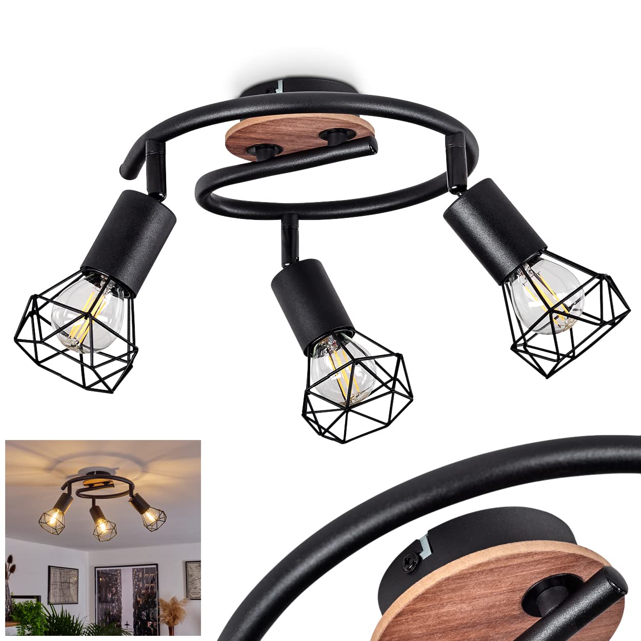 Hofstein Black Ceiling Lamp Baripada, 3-Flame Round Ceiling Lamp Made Of Metal/Wood In /Brown, Modern Lamp With Adjustable Lattice Lampshades, 3 X E14-Socket, With Light Effect, Without Bulbs