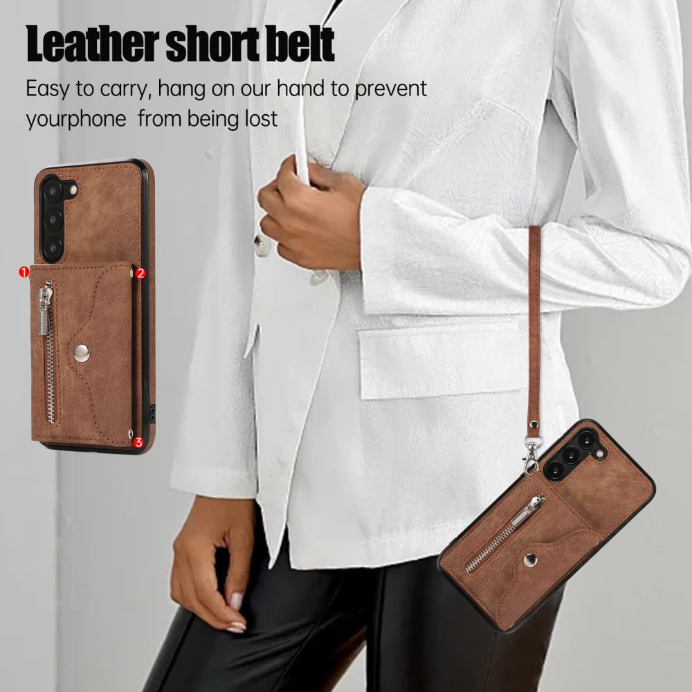 Cartera de Cuero con Cremallera y Cordón Largo Tarjetas Solt Funda para Samsung Galaxy A14 A54 A24 A34 A53 A52 S23 S22 S21 FE S20 Funda Cruzada, marrón, para Samsung S22