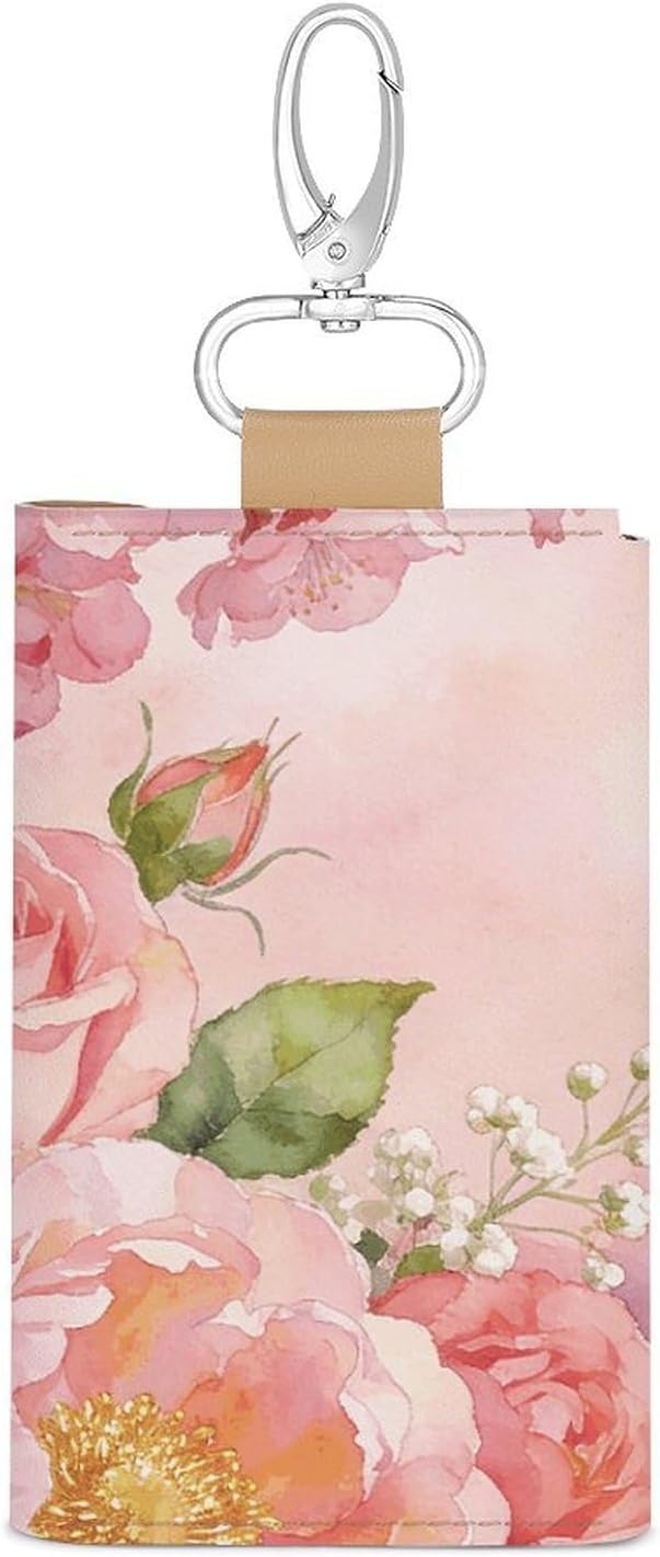 Pink Floral Key Pouch, PU Leather Key Holder, Personalized Snap Closure Key Bag with Card Slot & Coin Pocket, Portable Key Organizer for Car Keys House Keys, Men Women
