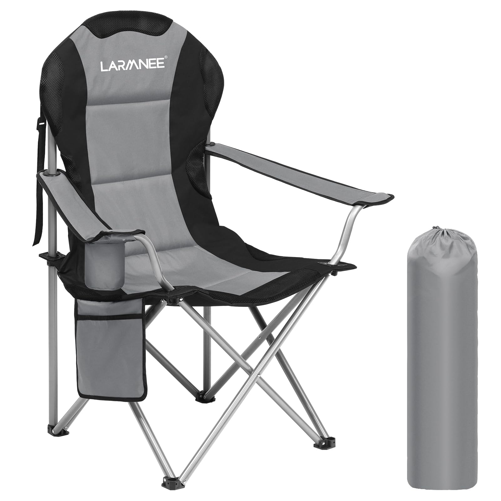 LARMNEE Chaise Camping, Chaise de Pêche Pliante, Porte-gobelet et Pochette latérale, Chaise de Plage avec Dossier Haut et Assise en éponge Respirante, pour Camping, Gris et Noir EBG01LC02N1