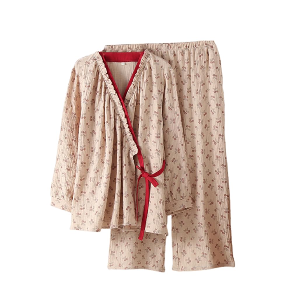 PRINCESS BRIDE Conjunto de pijama estilo kimono japonés de gasa de algodón de doble capa, conjunto de pijama retro con cinturón, ropa de dormir suave para mujer