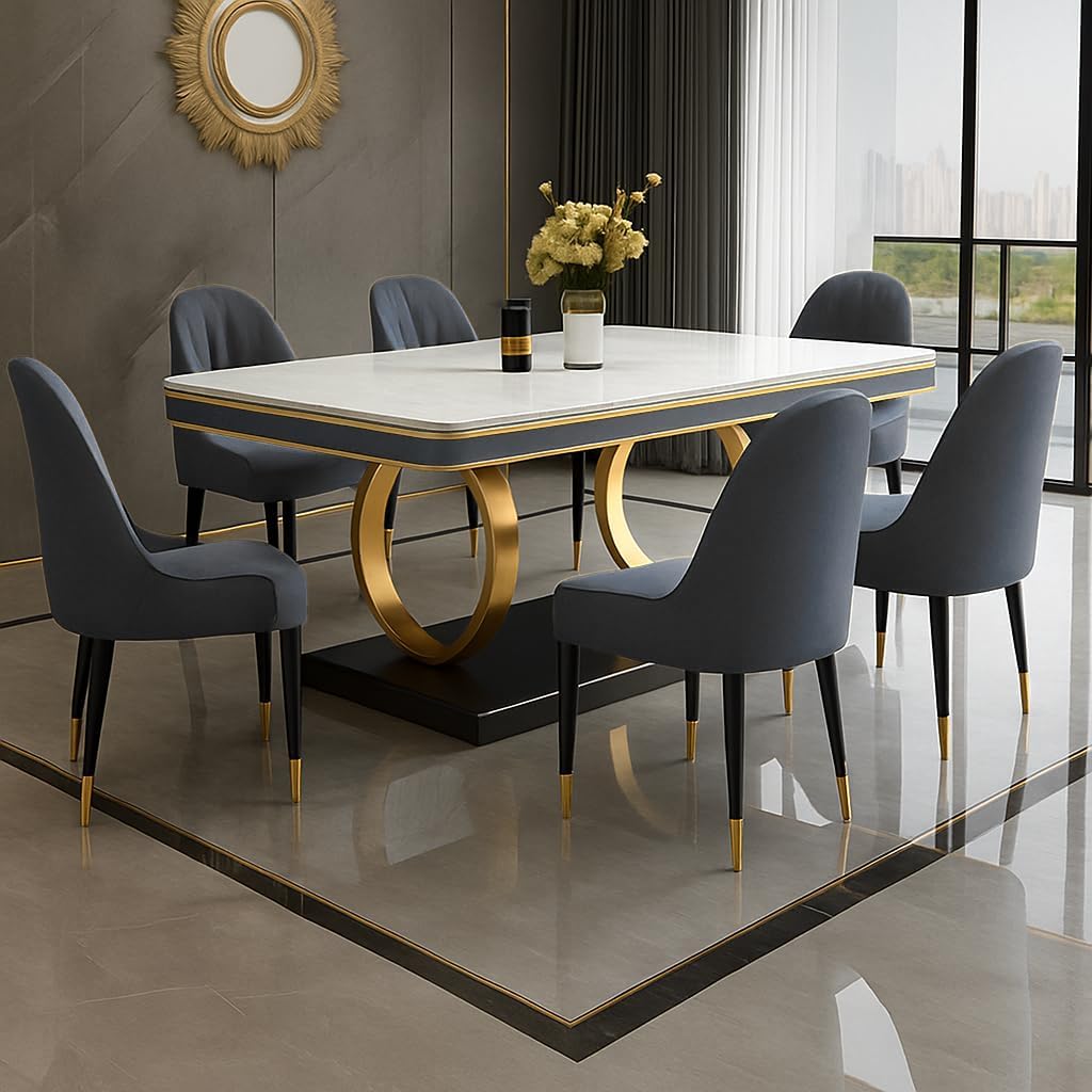 PAAM WOOD 6-Seater Dining Table with Nano Composite Marble Top and PVC Golden Wooden Base |2yr Warranty - Includes 6 Fabric Upholstered Chairs (Grey, White Nano Composite Marble Top)