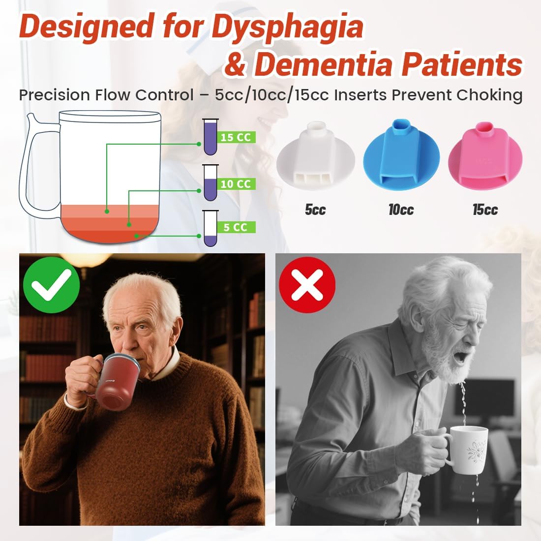 Dysphagia Regulating Thermal Mug - with 5cc, 10cc, & 15cc Sip Cup Options - Liquids Only - Pack of 1 (Red)