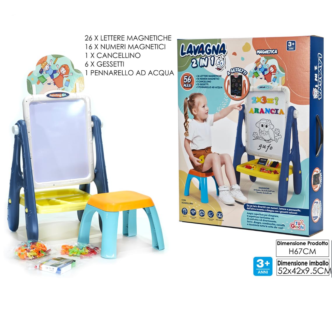 Lavagna Nera e Magnetica + Sgabello per Bambini 2in1 Doppio Utilizzo per Scrivere Disegnare Cancellare Apprendimento Lettere Numeri Gessetti Pennarello Educativo 56 pezzi da 3+ anni 69x26x25cm