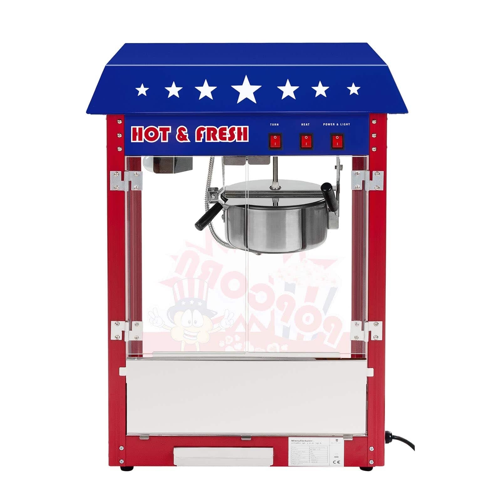 Royal Catering Machine à Popcorn (1.500W, rendement horaire 5 kg/h, 16 L/h, diamètre de la cuve 18 cm, récipient antiadhésif, rouge avec chariot) Design américain
