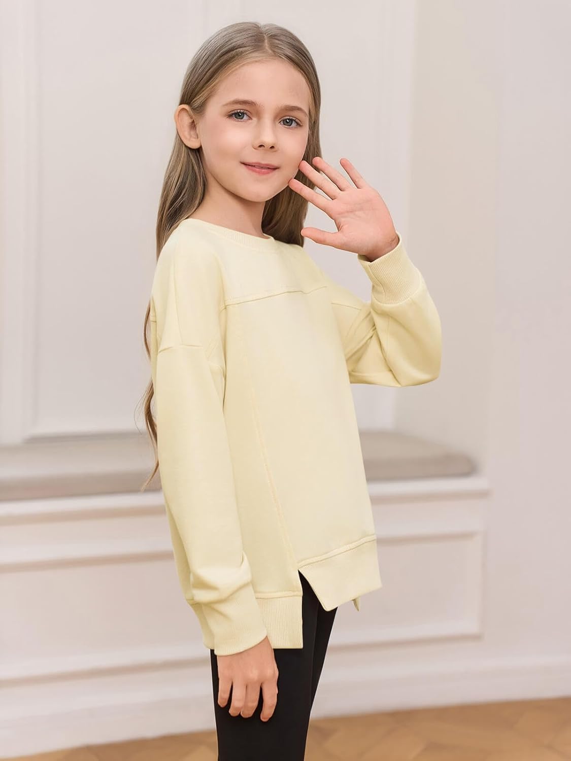 Haloumoning Girls Casual Crewneck Sweatshirt Kids Long Sleeve Side Slit Oversized Pullover Tops 5-14Y - Image 3