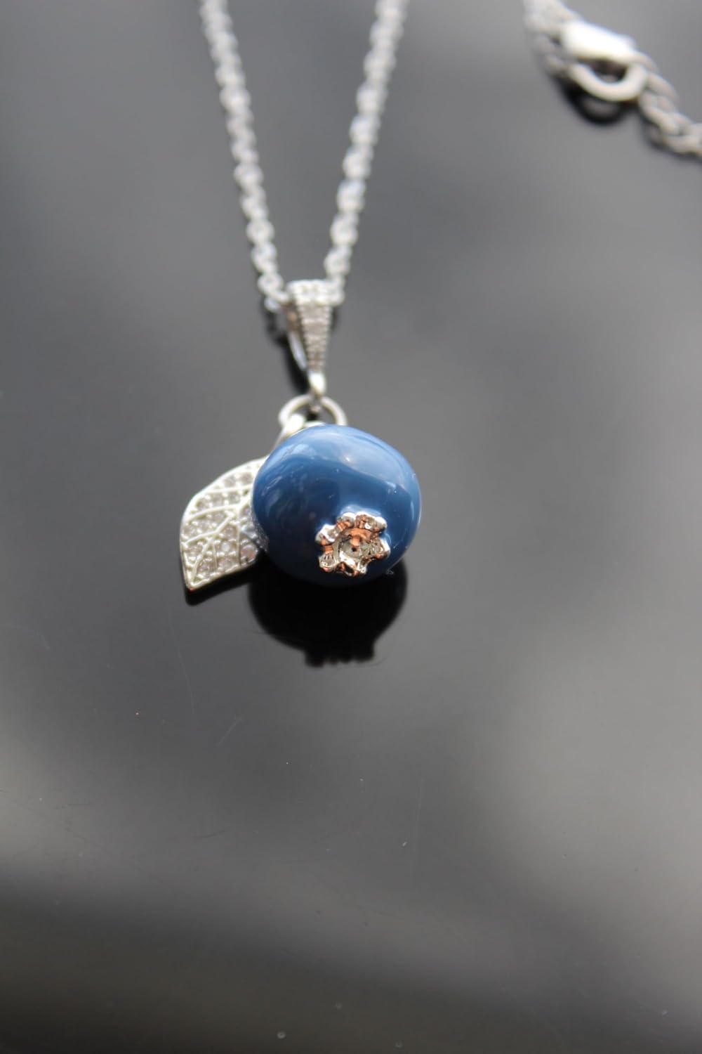 Handmade Enamel Blueberry Pendant Necklace with Crystal Leaf, Silver Chain, Blue - Image 5