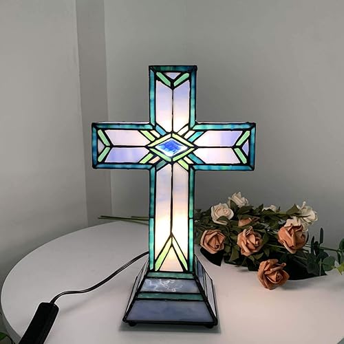 Miniatura 5 de Bieye L10815 Lámpara de mesa decorativa con diseño de cruz latina, estilo Tiffany, luz nocturna, 8.5 pulgadas de ancho x 13 pulgadas de alto, azul