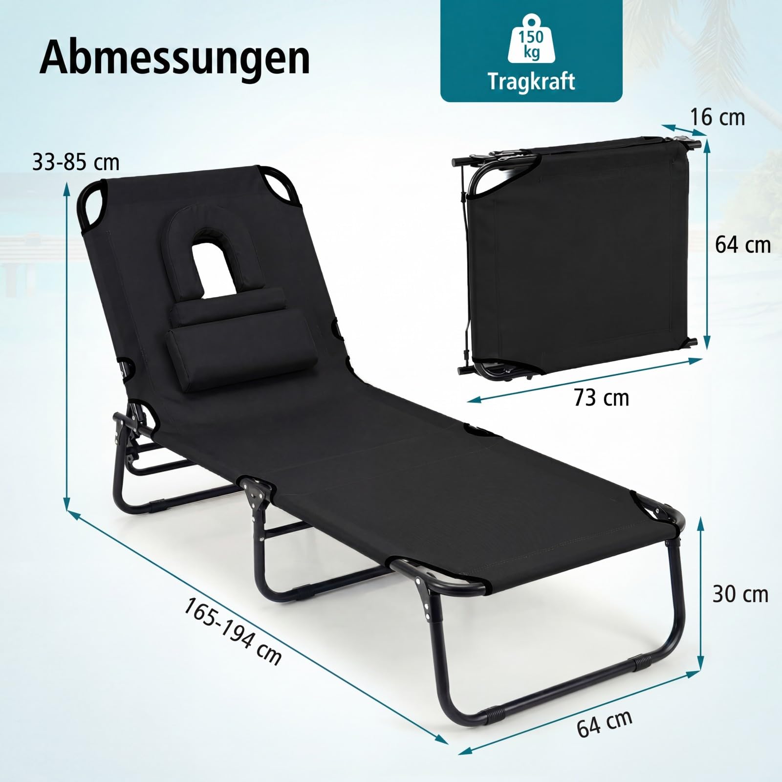 COSTWAY Sonnenliege mit Gesichtsöffnung, klappbare Gartenliege mit 3 abnehmbaren Kissen und 5-Fach Verstellbarer Rückenlehne, Strandliege Liegestuhl für Garten und Poolbereich (Schwarz)
