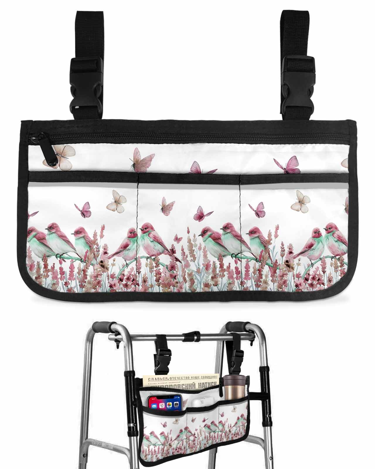 Anzona Pink Green Birds Wheelchair Side Bag Walker Bag, Summer Farmhouse Floral Wheelchair Accessories Armrest Pouch, Organizer Storage Bag for Walkers, Rollators, Scooters, 7.3''x13''