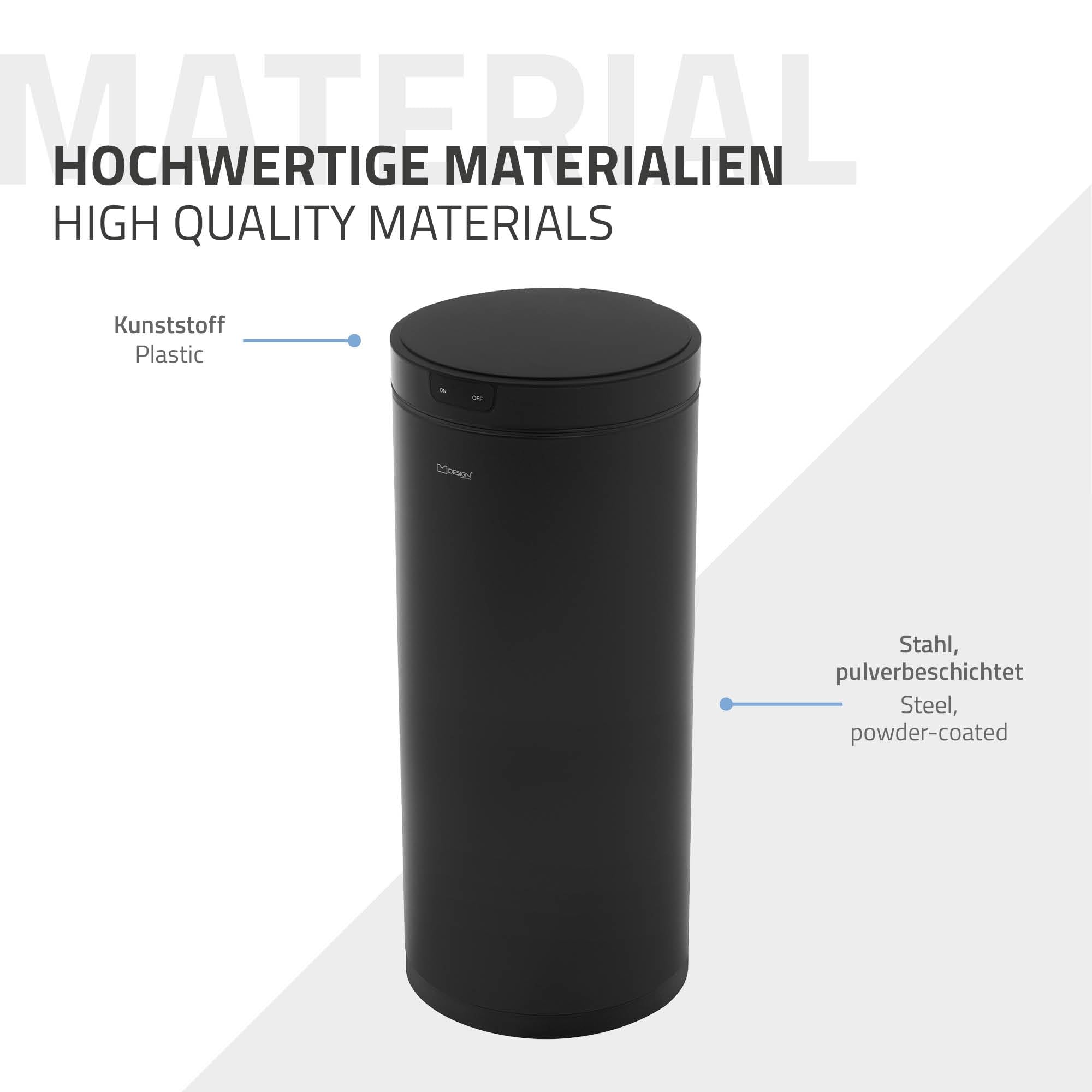 ML-Design Cubo de Basura con Sensor de Movimiento Inteligente Papelera Redonda con Apertura y Cierre Automática 40L Acero Inoxidable Negro Tapa con Pantalla LED y Anillo de Sujeción para Bolsas