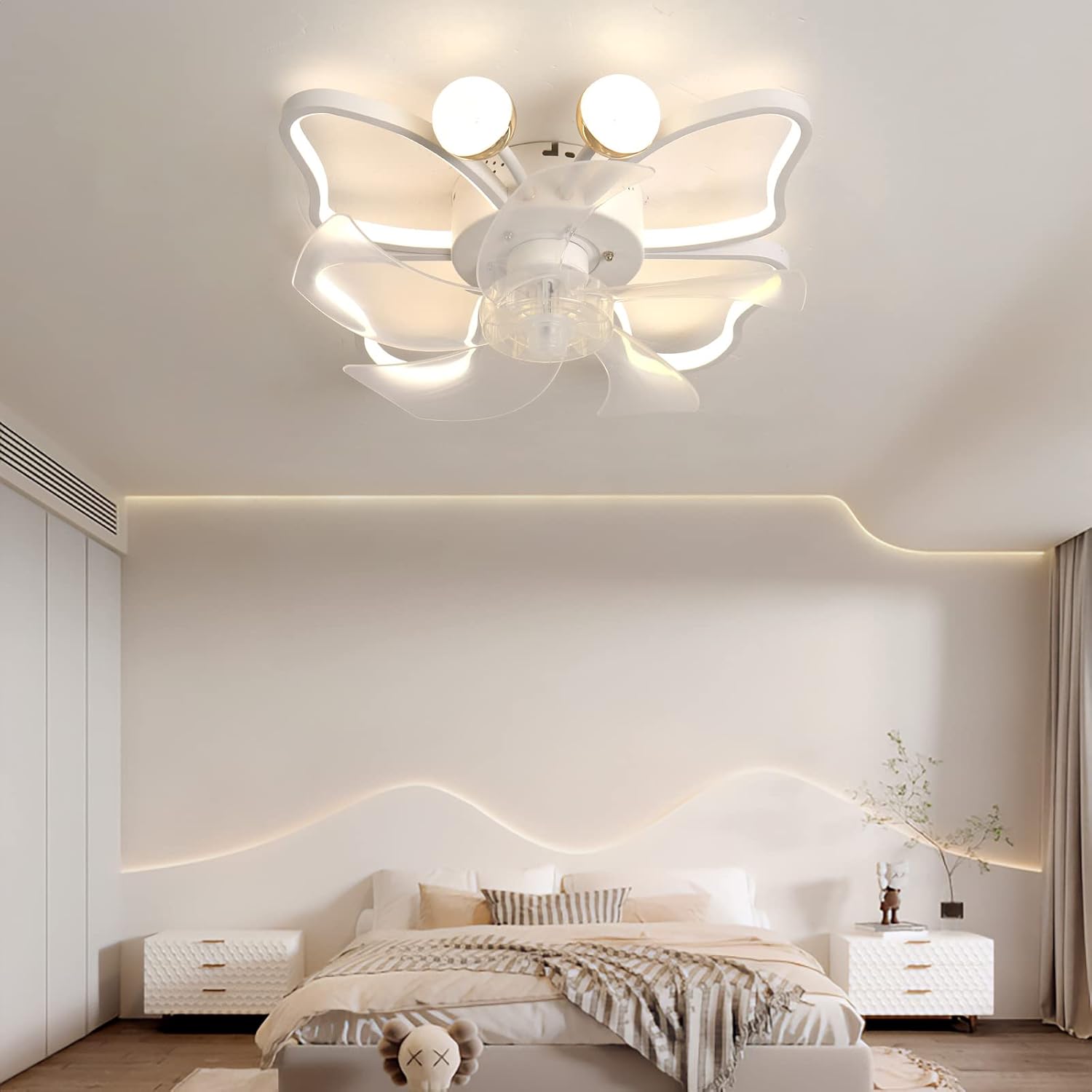 YUEGOO Ceiling Fans with Lamps,Remote Control Led Dimmable Flower Ceiling Fan with Lamp Dc Reversible 6 Speed Fan Light Winter/Summer Mode for Lounge Bedroom/White/B