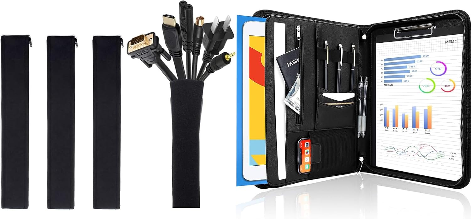 JOTO 4 Pack Cable Management Sleeve Bundle with Business Padfolio Folder with Zipper